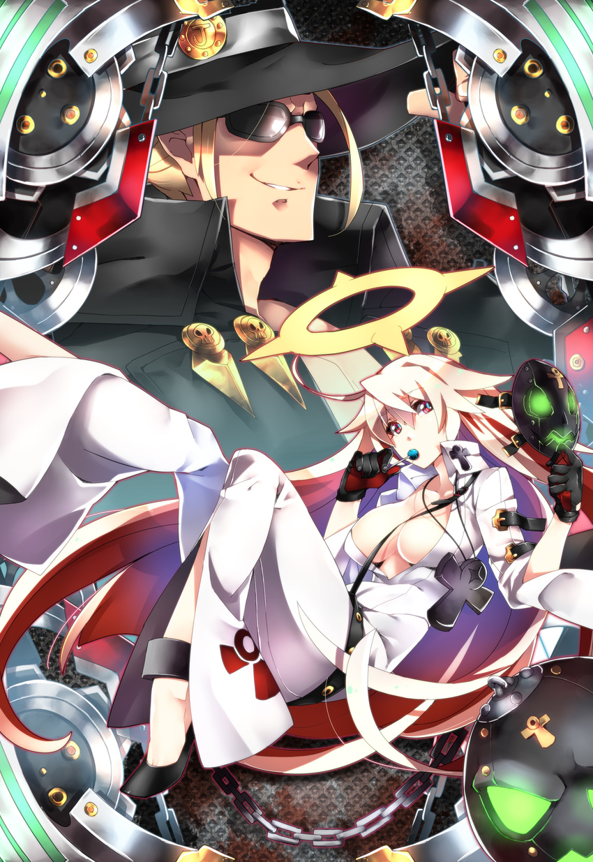 1girl absurdres ahoge ankh ball_and_chain_restraint bangs belt black_gloves blonde_hair bodysuit breasts buckle candy chain cleavage flipped_hair food from_side gloves glowing glowing_eyes grin guilty_gear guilty_gear_xrd hair_between_eyes halo hat high_collar highres jack-o'_valentine jewelry johnny_sfondi knee_up large_breasts leg_up lollipop long_hair looking_at_viewer makai mask mask_removed multicolored_hair necklace no_bra nose reclining red_eyes red_hair side_slit skull_print smile studded_belt sunglasses two-tone_hair very_long_hair white_hair