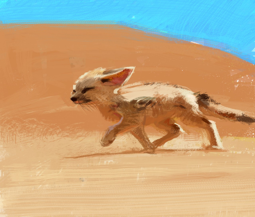 2015 ambiguous_gender big_ears black_eyes black_nose brown_fur canine cub cute day desert digitigrade ears_back fennec feral fox fur half-closed_eyes hindpaw lofi long_mouth mammal no_sclera outside painting paws sand shadow side_view sky snout solo walking whiskers white_fur young