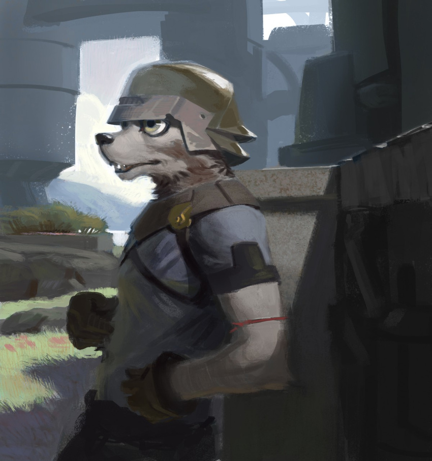 2015 anthro armor beige_eyes brown_fur building canine clothed clothing combat_helmet fur gloves helmet leather leather_armor lofi male mammal outside painting pants shaded shirt solo standing teeth white_fur