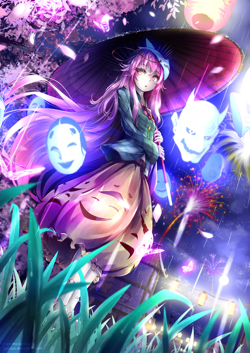 bug butterfly cherry_blossoms face_mask festival fireworks fox_mask glowing_butterfly grass hata_no_kokoro highres insect lantern long_hair long_sleeves looking_at_viewer mask night oni_mask oriental_umbrella palinus petals pink_eyes pink_hair rain see-through sky solo touhou tree umbrella