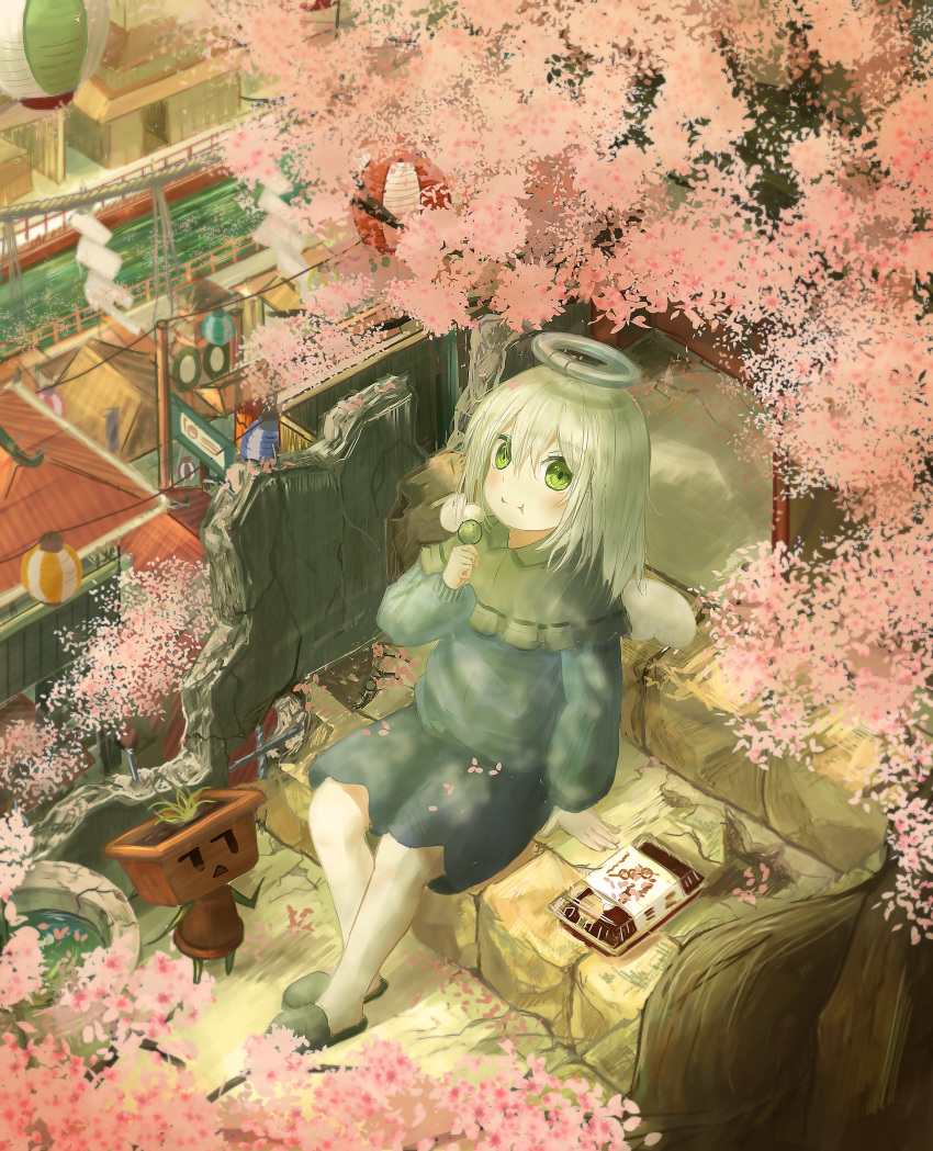 1girl :t absurdres angel angel_wings architecture arm_up blue_skirt blue_sweater broken_wall canal capelet cherry_blossoms commentary_request dango east_asian_architecture ekaapetto food green_eyes green_footwear hair_between_eyes halo highres holding holding_food lantern long_sleeves looking_at_viewer medium_hair original paper_lantern planter plump power_lines power_pole railing rope sanshoku_dango scenery shide shimenawa sitting skewer skirt slippers solo sweater town tsukumogami wagashi white_hair wings