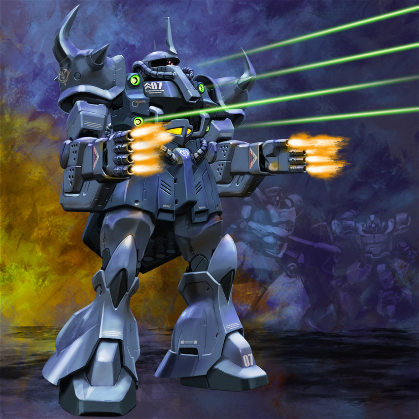 bazooka dom emblem energy_beam energy_gun explosion firing fusion gouf gouf_heavy_arms_type gun gundam gundam_msv highres igunuk machine_gun mecha mobile_suit_gundam no_humans prototype realistic redesign science_fiction spikes weapon zeon zock