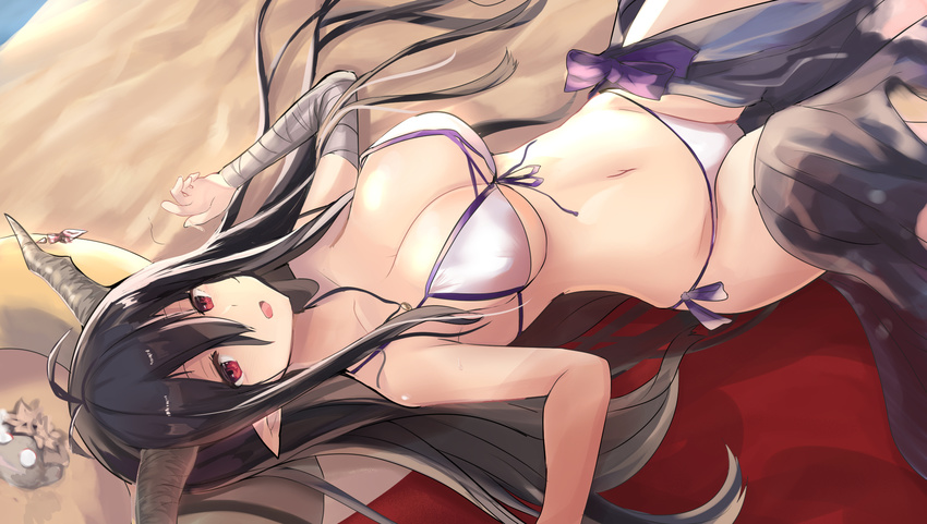 bandages beach bikini black_hair breasts collarbone danua demon_horns draph granblue_fantasy haik highres horns innertube large_breasts long_hair looking_at_viewer lying on_back open_mouth pointy_ears red_eyes side-tie_bikini smile solo swimsuit underboob very_long_hair white_bikini