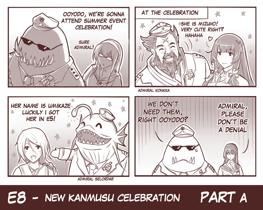 3girls 4koma admiral_(kantai_collection) bangs braid comic defense_of_the_ancients dota_2 edwin_(cyberdark_impacts) english glasses hair_ornament hair_tubes hairband hat highres kantai_collection kunkka_(dota_2) long_hair military military_uniform mizuho_(kantai_collection) monochrome multiple_boys multiple_girls naval_uniform ooyodo_(kantai_collection) parted_bangs school_uniform serafuku slardar tidehunter umikaze_(kantai_collection) uniform very_long_hair