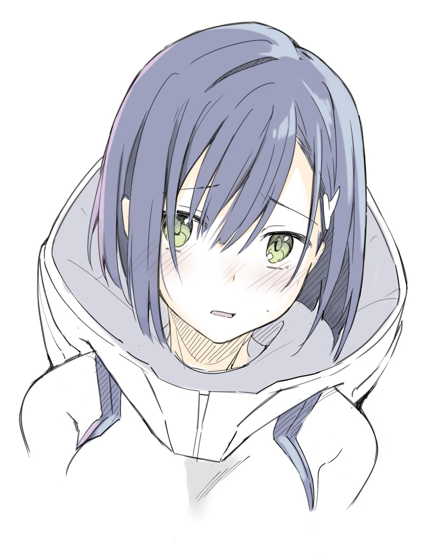 1girl absurdres bangs blue_hair blush bob_cut bodysuit darling_in_the_franxx embarrassed green_eyes hair_ornament hairclip highres ichigo_(darling_in_the_franxx) jacob_dream_world looking_at_viewer open_mouth pilot_suit portrait short_hair simple_background solo white_background white_bodysuit