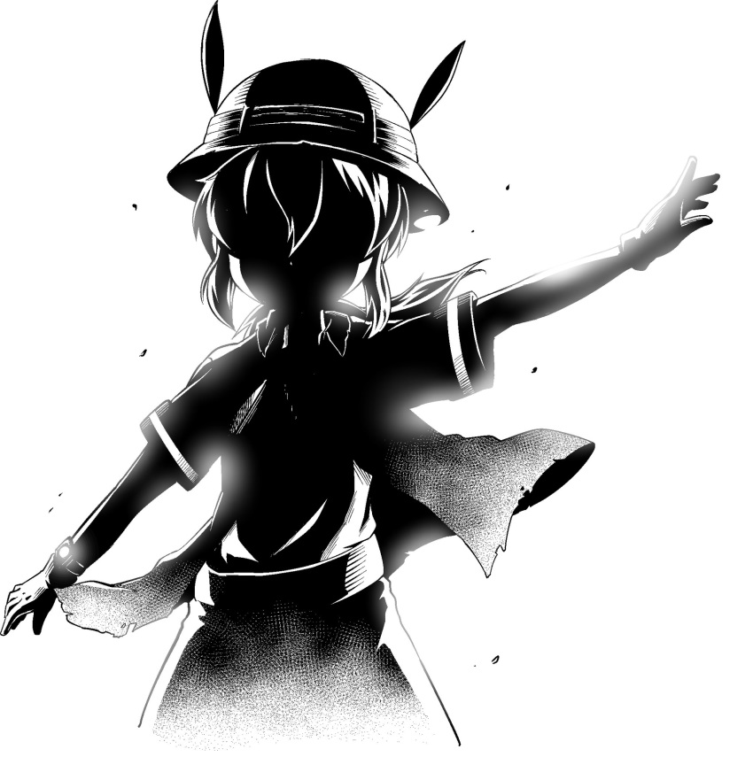 1girl arm_up backlighting facing_viewer floating_hair gloves greyscale hair_between_eyes hat_feather helmet high_contrast highres kaban_(kemono_friends) kemono_friends long_hair monochrome open_clothes open_shirt outstretched_arms pith_helmet ponytail short_sleeves sidelocks solo spread_arms upper_body yamaguchi_sapuri