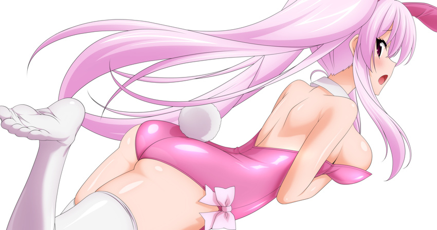 absurdres animal_ears ass bunny_ears bunny_tail bunnysuit detached_collar from_behind highres leotard long_hair no_shoes open_mouth original pink pink_hair pink_leotard red_eyes solo sugimura_tomokazu tail thighhighs twintails very_long_hair