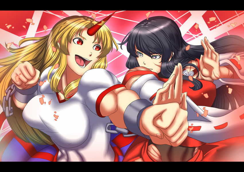 black_hair blocking blonde_hair breasts clenched_hands detached_sleeves faceoff fighting_stance horn hoshiguma_yuugi large_breasts letterboxed multiple_girls muscle muscular_female nontraditional_miko original petals purple_eyes red_eyes scar sendai_hakurei_no_miko shirt star t-shirt touhou wide_sleeves yui_sora