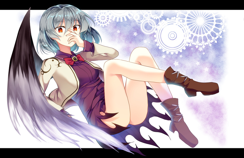 ass bare_legs black_wings boots bow brooch covering_mouth dress full_body jacket jewelry kishin_sagume letterboxed long_sleeves looking_at_viewer open_clothes open_jacket purple_dress red_eyes shikitani_asuka short_dress silver_hair single_wing solo touhou wings
