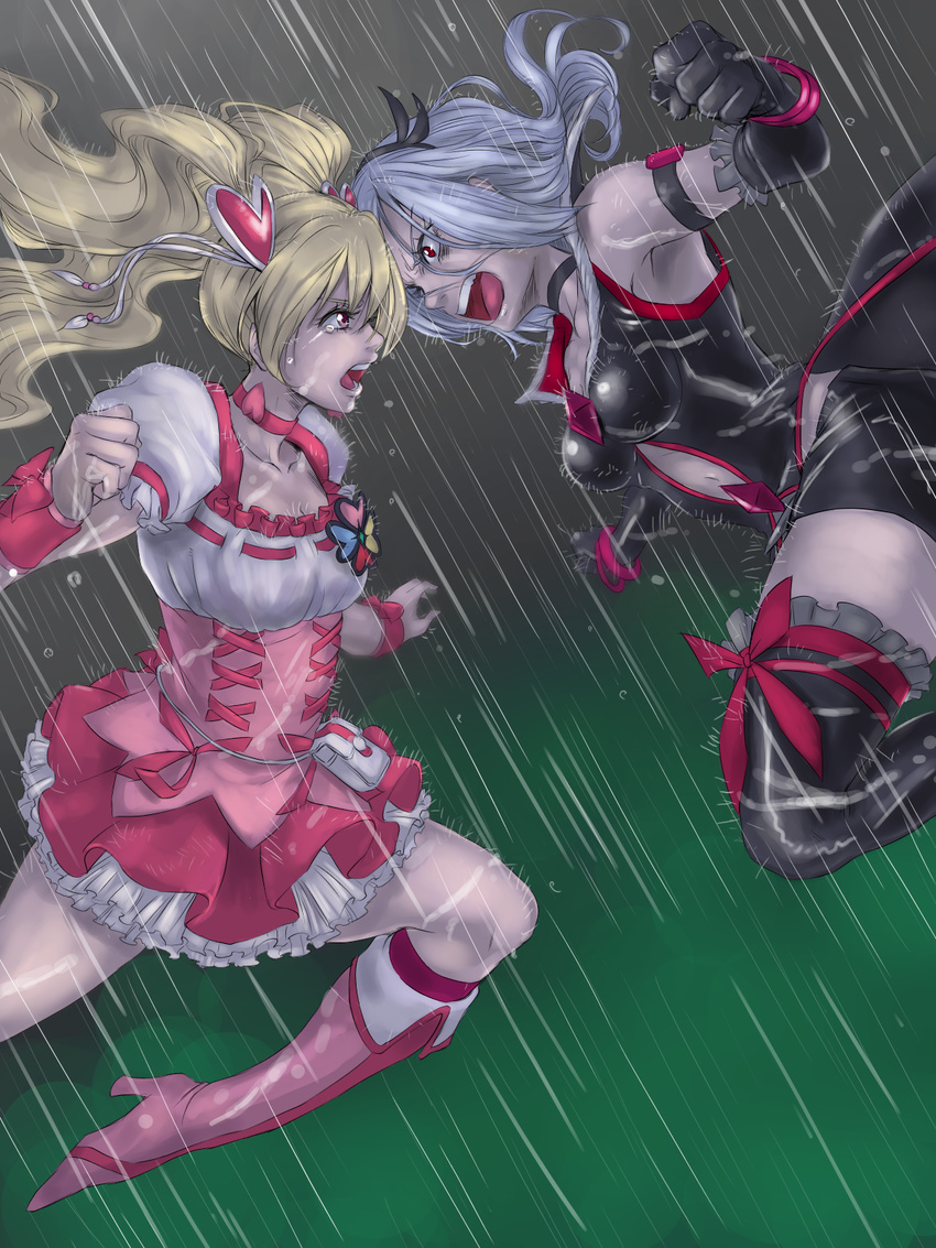 albino angry bad_id bad_pixiv_id battle black_choker black_gloves black_legwear blonde_hair boots bow choker clenched_hand corset cure_peach duel earrings eas elbow_gloves fresh_precure! gloves gradient gradient_background green_background grey_background hair_ornament hairband heart heart_earrings heart_hair_ornament higashi_setsuna highres hisaki jewelry knee_boots long_hair magical_girl momozono_love multiple_girls open_mouth pink_bow pink_choker pink_footwear pink_skirt precure rain red_eyes short_hair shorts skirt thighhighs twintails white_hair wrist_cuffs