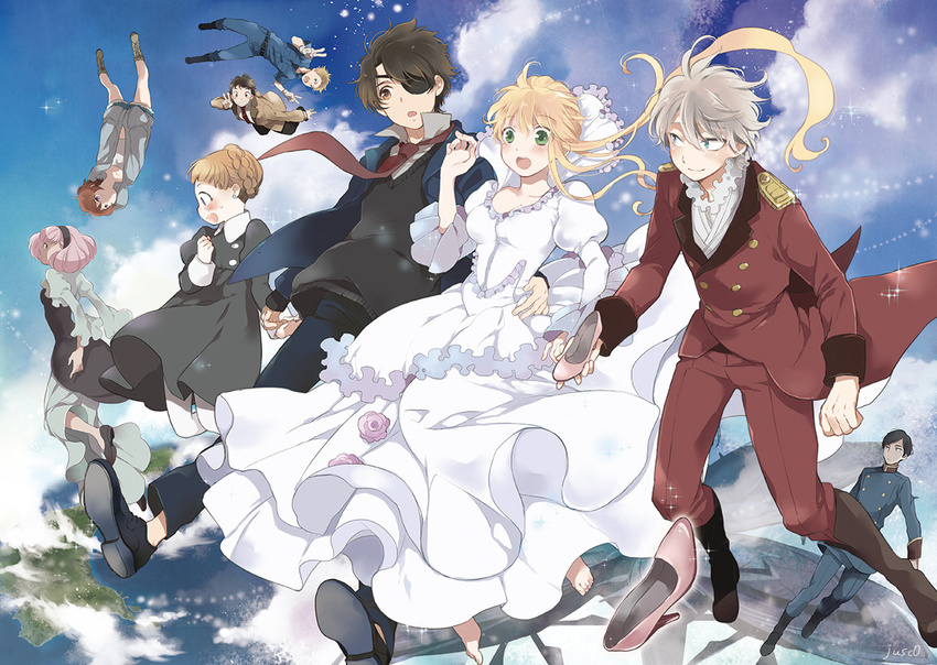 5boys :d :o aldnoah.zero asseylum_vers_allusia bad_id bad_pixiv_id barefoot blonde_hair blue_eyes blue_sky boots braid brown_eyes brown_hair calm_craftman cloud cutoffs day dress earth eddelrittuo eyepatch flying green_eyes hand_on_another's_hip harklight jusc0 kaizuka_inaho landing_castle lemrina_vers_envers long_hair maid mikuni_okisuke military military_uniform multiple_boys multiple_girls necktie no_socks open_mouth pink_hair princess rayet_areash red_hair red_neckwear school_uniform shoes_removed short_shorts shorts signature sky slaine_troyard smile sweater_vest uniform upside-down v white_dress