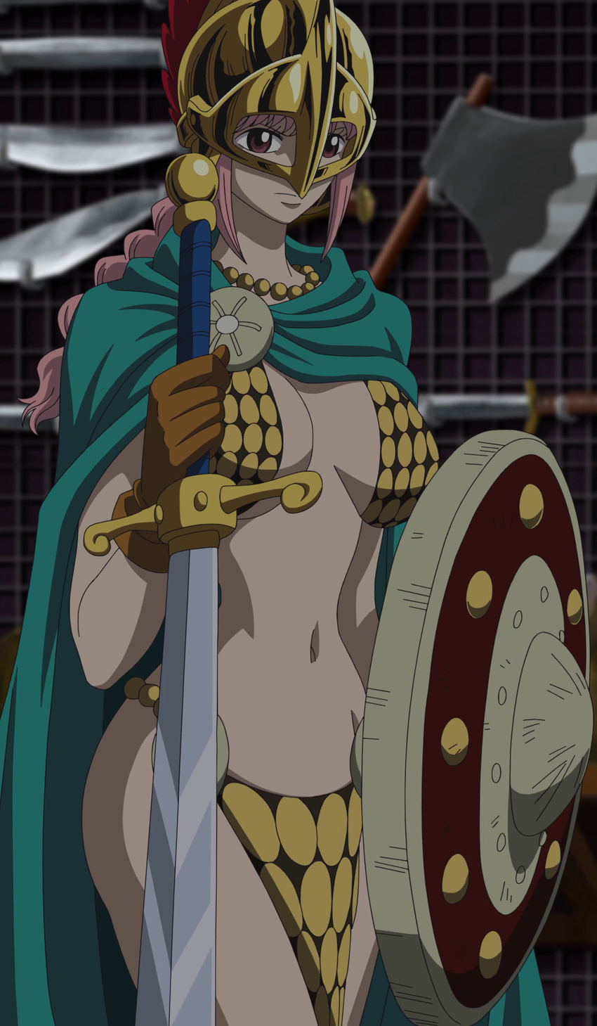 armor bare_legs bikini_armor braid breasts cape curvy dressrosa dungeon female gladiator gloves gradient gradient_background helmet large_breasts long_hair navel one_piece pink_hair rebecca_(one_piece) screencap shield solo standing stitched sword weapon