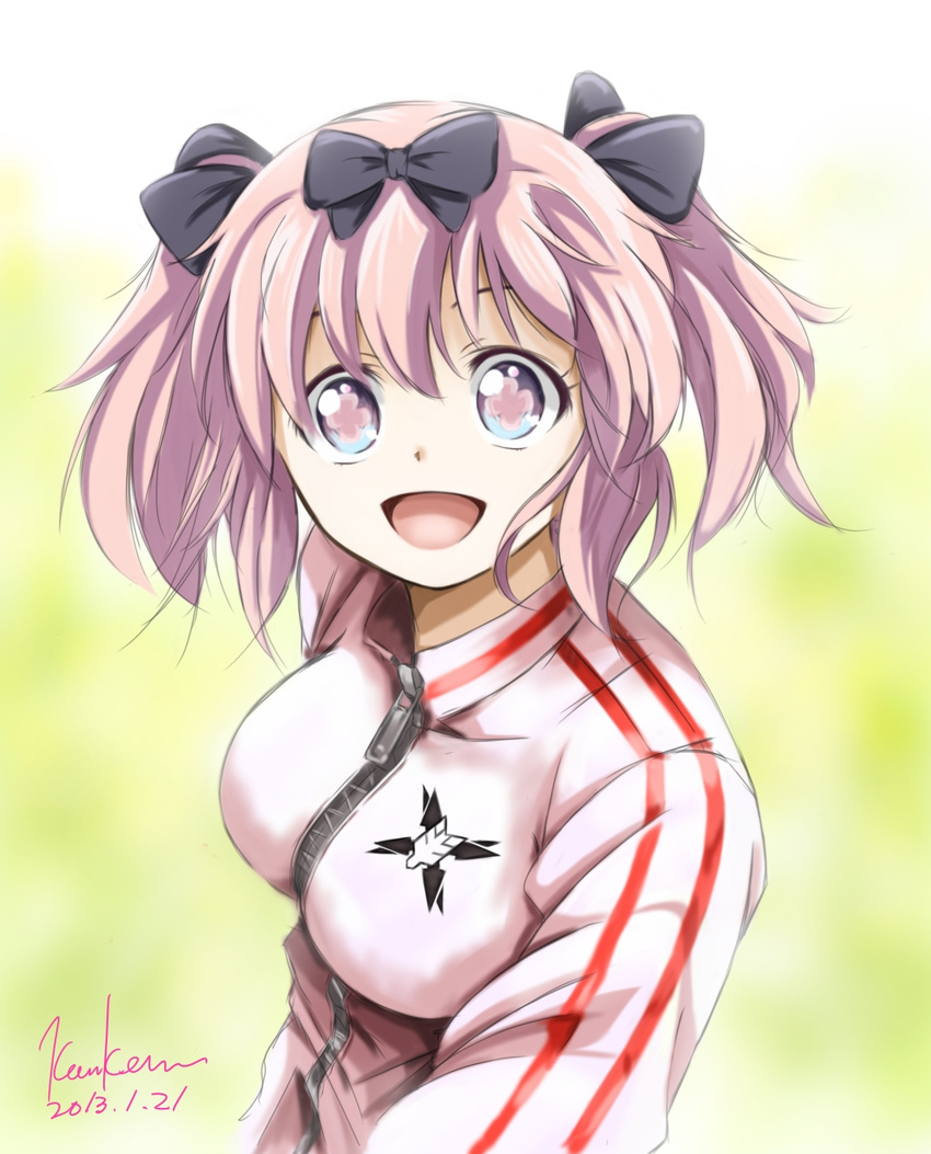 1girl blue_eyes blush bow breasts commentary_request hair_bow hibari_(senran_kagura) highres jacket kem_kem large_breasts looking_at_viewer open_mouth pink_hair senran_kagura senran_kagura_shoujo-tachi_no_shin'ei short_hair short_twintails smile solo symbol-shaped_pupils track_jacket twintails