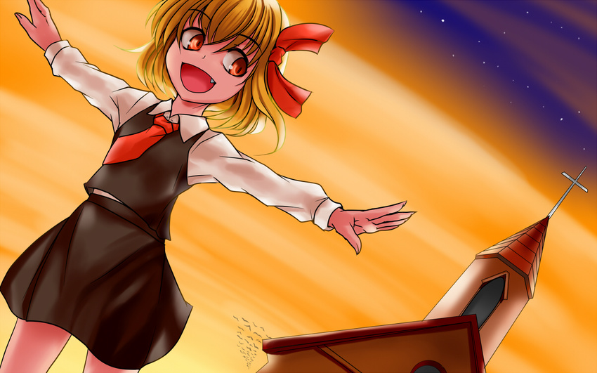 :d araki_(qbthgry) blonde_hair dusk fang open_mouth outstretched_arms rumia scarlet_devil_mansion shirt short_hair skirt sky smile solo spread_arms star_(sky) starry_sky swarm touhou twilight vest