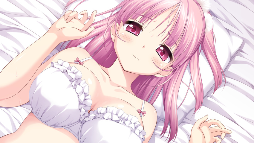 1girl bed blush bra breasts cleavage female game_cg harukaze_(company) kusunoki_chitose large_breasts long_hair looking_at_viewer love_of_ren'ai_koutei_of_love! love_of_ren'ai_koutei_of_love! lying on_back oozora_itsuki pink_eyes pink_hair solo underwear upper_body