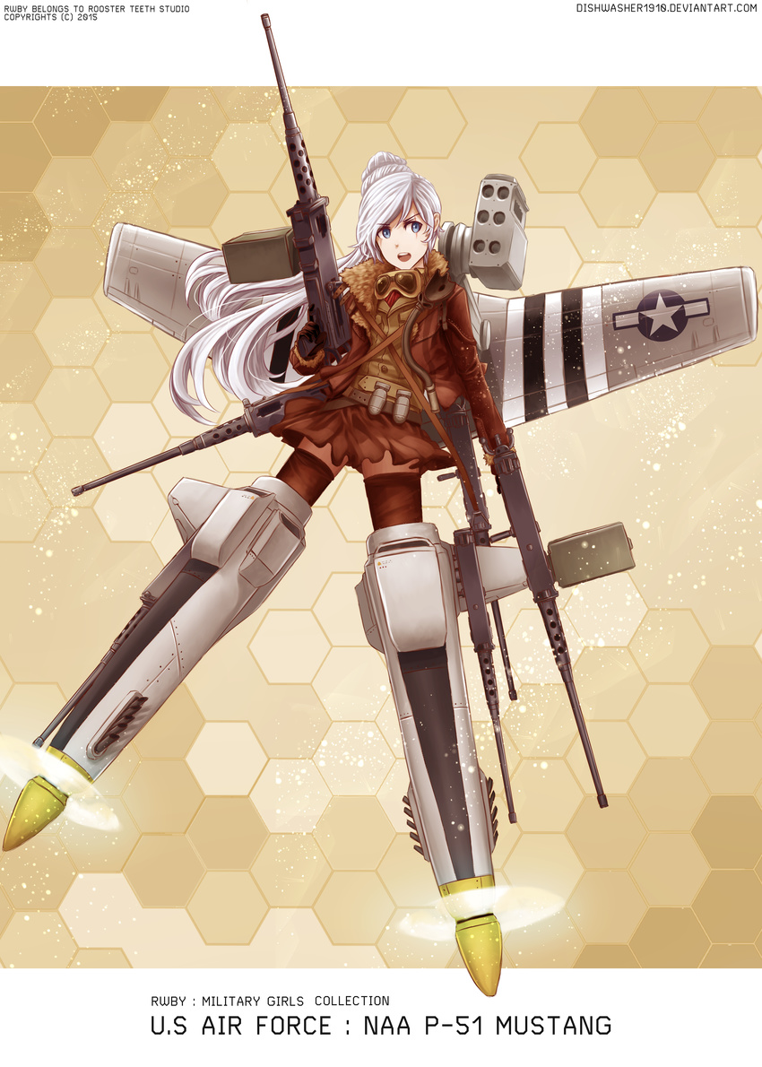 absurdres airplane_wing blue_eyes browning_m2 dishwasher1910 dual_wielding goggles goggles_around_neck gun highres holding long_hair machine_gun mecha_musume military military_uniform p-51_mustang_(personification) rwby scar scar_across_eye side_ponytail skirt solo striker_unit thighhighs uniform weapon weiss_schnee white_hair world_witches_series
