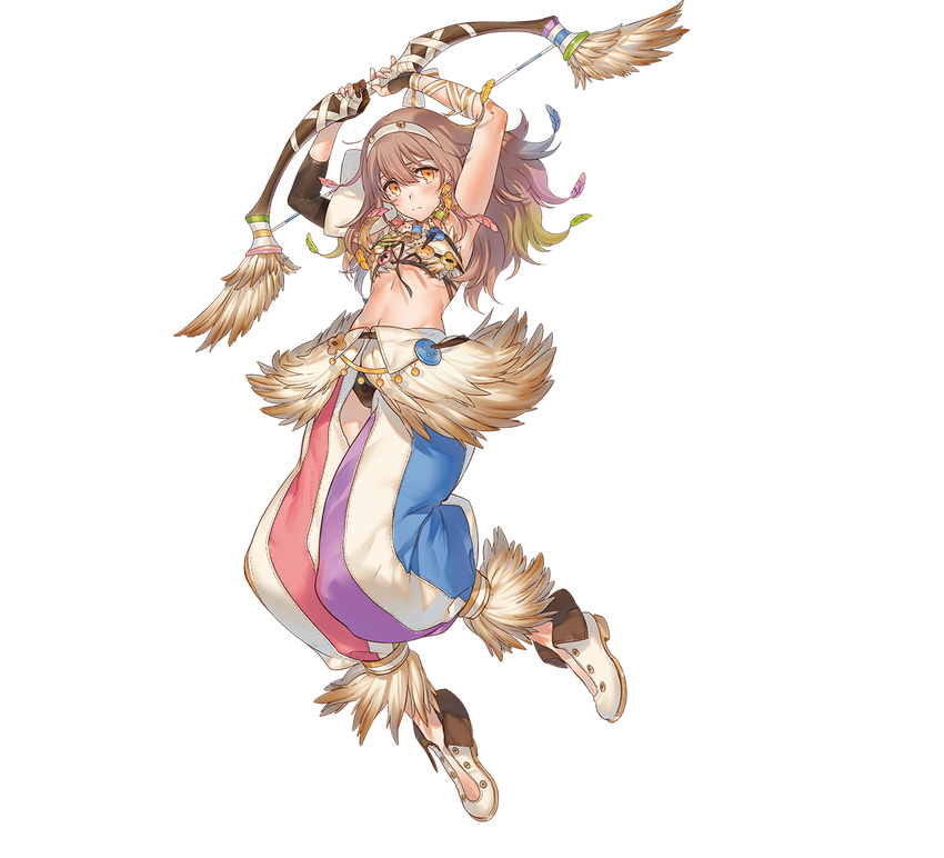 arms_up bow brown_hair expressionless feathers floating_hair full_body gloves hair_feathers holding kippu luminous_arc luminous_arc_infinity multicolored_hair official_art rana_(luminous_arc) solo transparent_background yellow_eyes