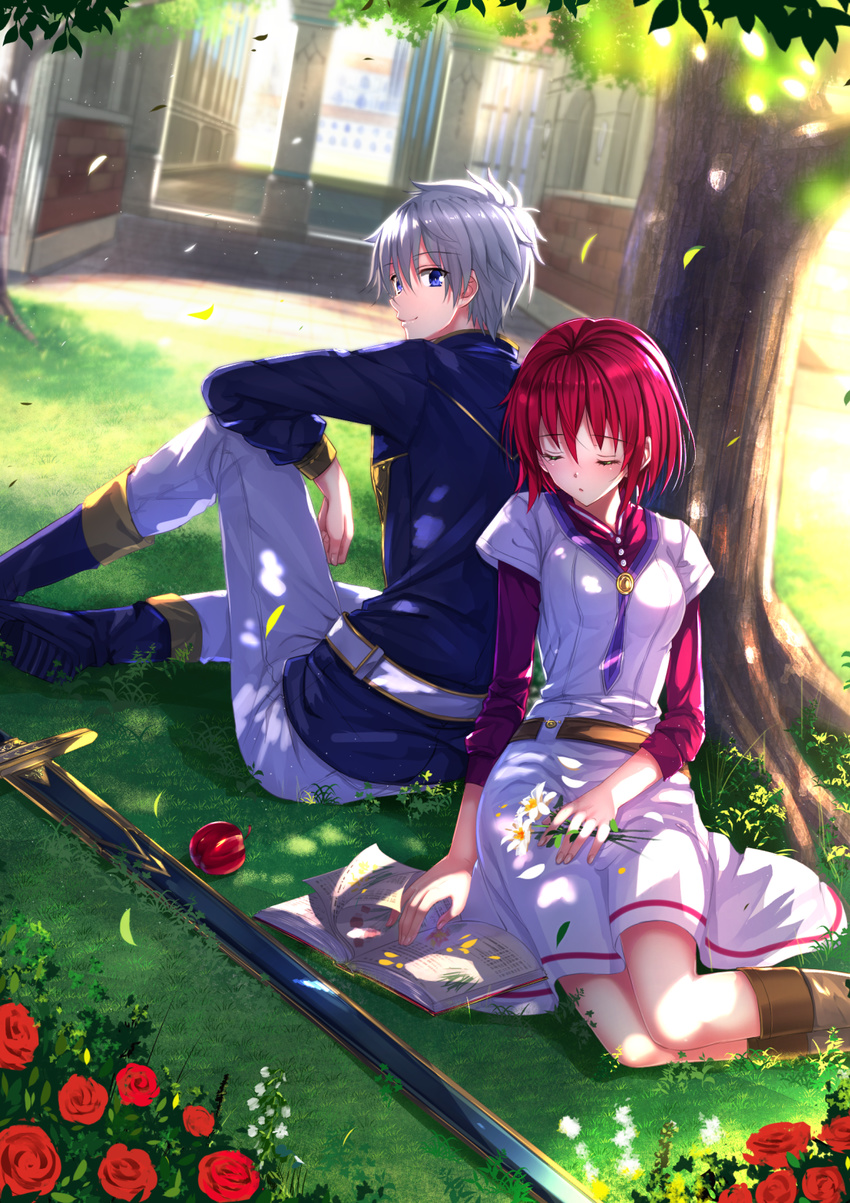 against_tree akagami_no_shirayukihime apple belt book boots building closed_eyes commentary_request daisy dappled_sunlight dress elbow_on_knee flower food fruit grass grey_hair highres knee_boots leaf leaning_on_person long_sleeves looking_back necktie open_book outdoors pants red_flower red_hair red_rose rose shirayuki_(akagami_no_shirayukihime) sitting sleeping sleeves_pushed_up sunlight sword swordsouls tree under_tree uniform weapon zen_wistalia