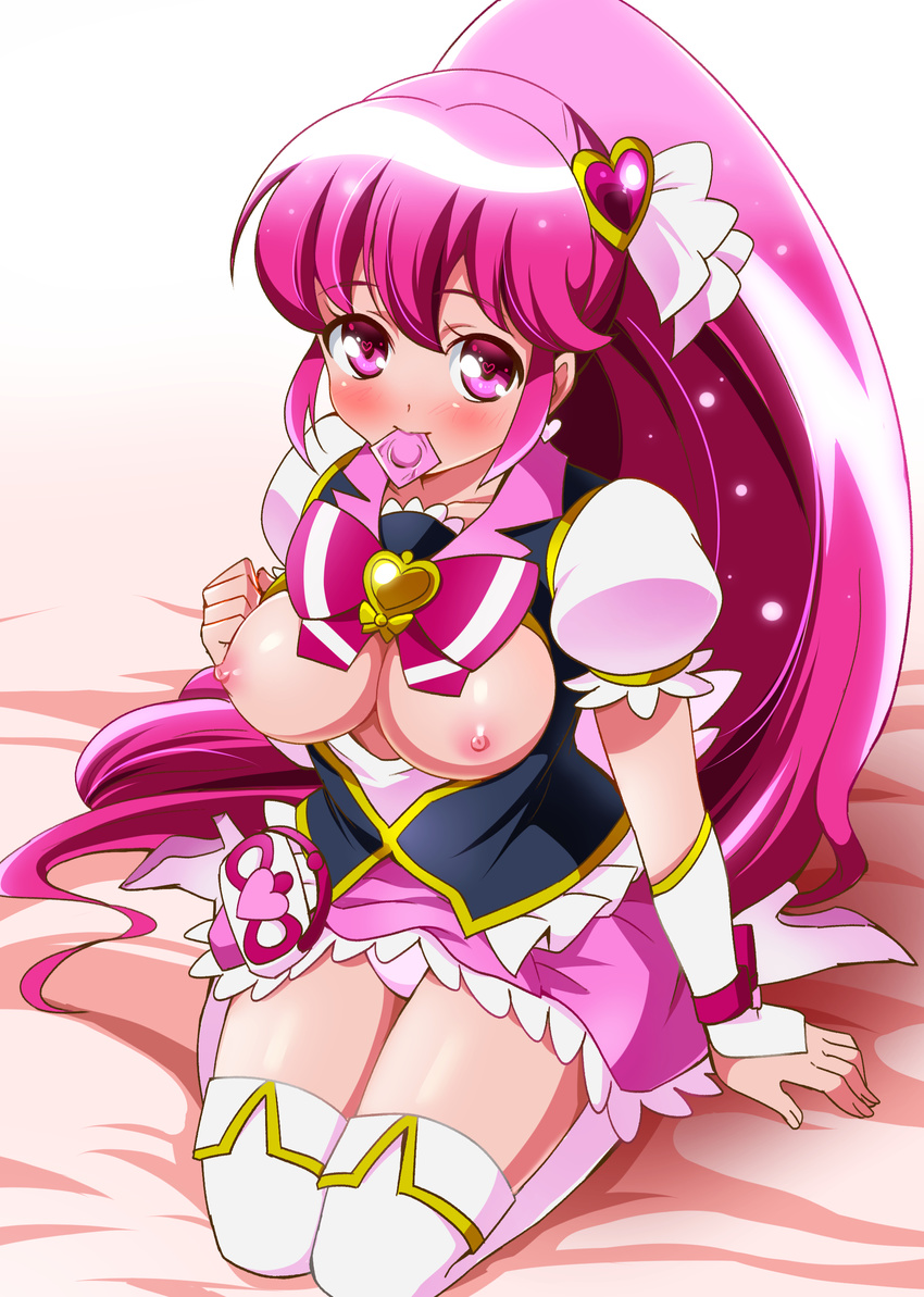 absurdres aino_megumi bad_id bad_pixiv_id blush bow breasts breasts_outside condom condom_in_mouth cure_lovely hair_ornament happinesscharge_precure! heart heart-shaped_pupils heart_hair_ornament highres large_breasts long_hair looking_at_viewer magical_girl mouth_hold nipples panties pink_bow pink_eyes pink_hair pink_panties ponytail precure sharumon sitting skirt solo symbol-shaped_pupils thighhighs underwear very_long_hair wide_ponytail