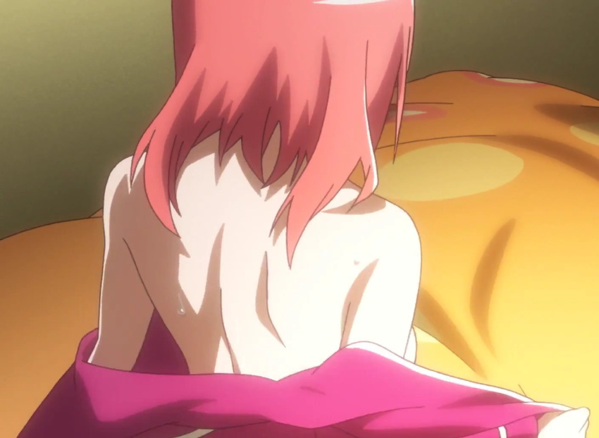 back gradient gradient_background mikakunin_de_shinkoukei pink_hair sideboob solo sweat undressing yonomori_kobeni