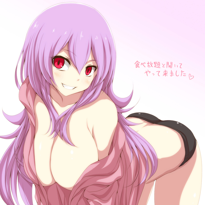 bare_shoulders blush breasts carro_(watarui) center_opening cleavage collarbone grin highres hood hoodie large_breasts long_hair looking_at_viewer naked_hoodie off_shoulder open_clothes original purple_hair red_eyes short_shorts shorts simple_background smile solo watarui