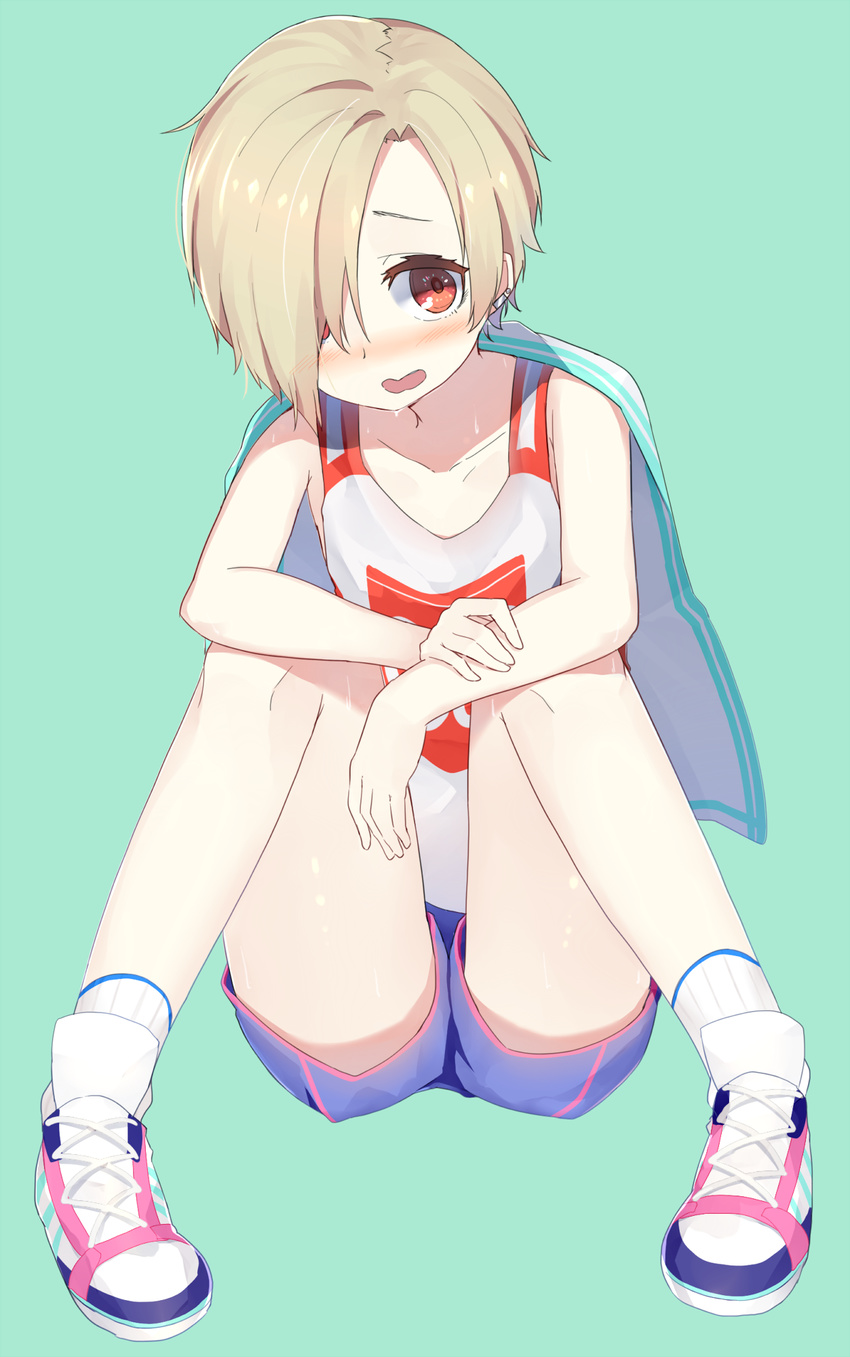 bags_under_eyes blonde_hair blush commentary_request earrings hair_over_one_eye highres idolmaster idolmaster_cinderella_girls jewelry looking_at_viewer open_mouth red_eyes shirasaka_koume shoes short_hair shorts sitting sneakers snowflyer solo sweat tank_top