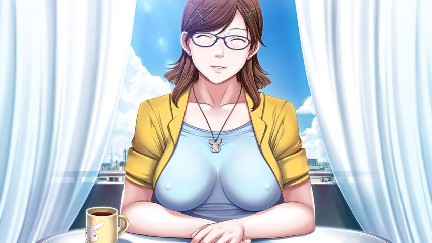 bangs breasts brown_hair closed_eyes cloud cloudy_sky coffee collarbone covered_nipples day earrings game_cg glasses hair_ornament hairclip highres impossible_clothes impossible_shirt jewelry large_breasts mihara_aika necklace p/a_~potential_ability~ sei_shoujo shirt short_hair skin_tight sky sleeves_rolled_up smile solo swept_bangs window