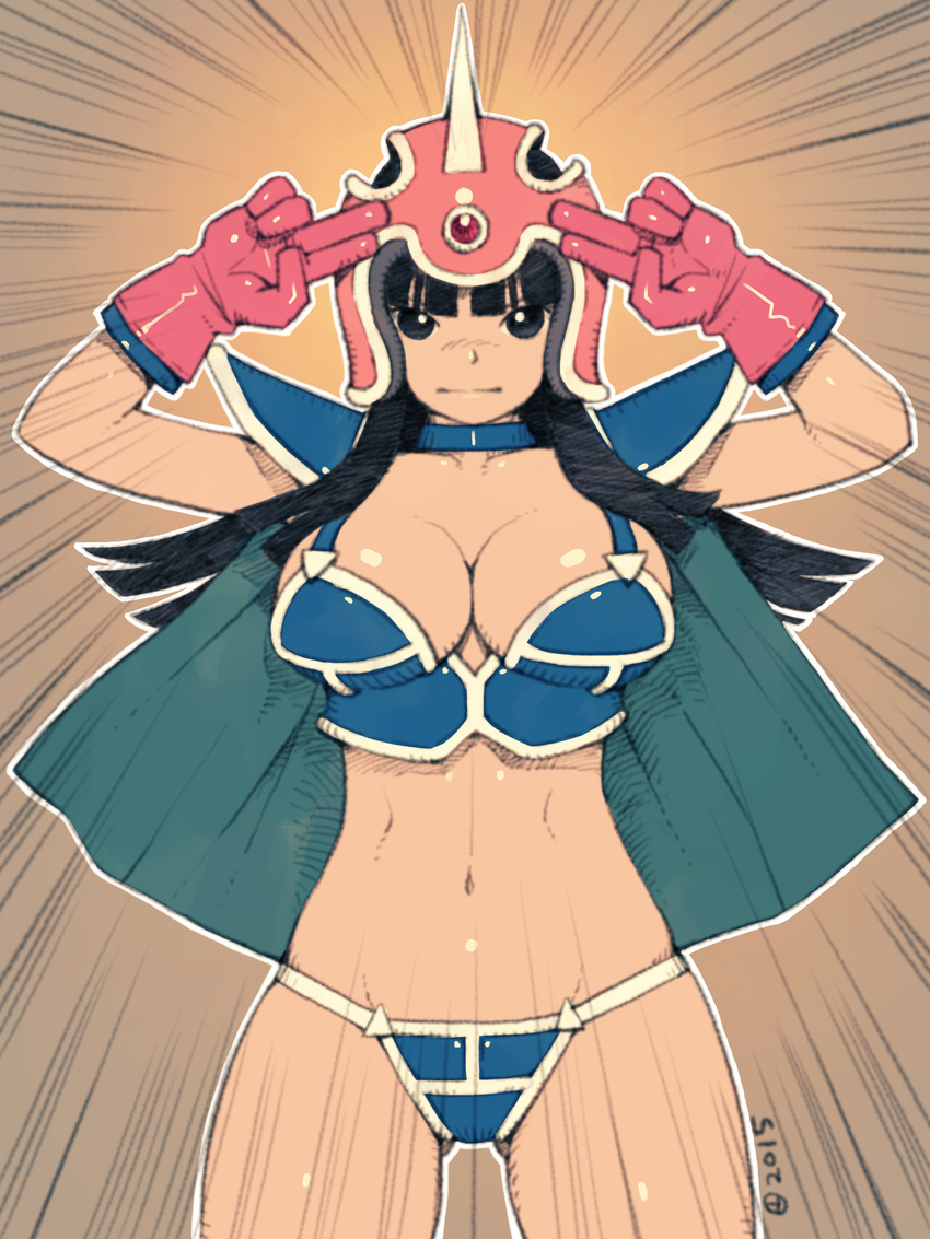 2015 alien1452 armor bikini_armor black_eyes black_hair boots breasts cape chi-chi_(dragon_ball) dated dragon_ball dragon_ball_(classic) gloves helmet highres large_breasts long_hair navel solo