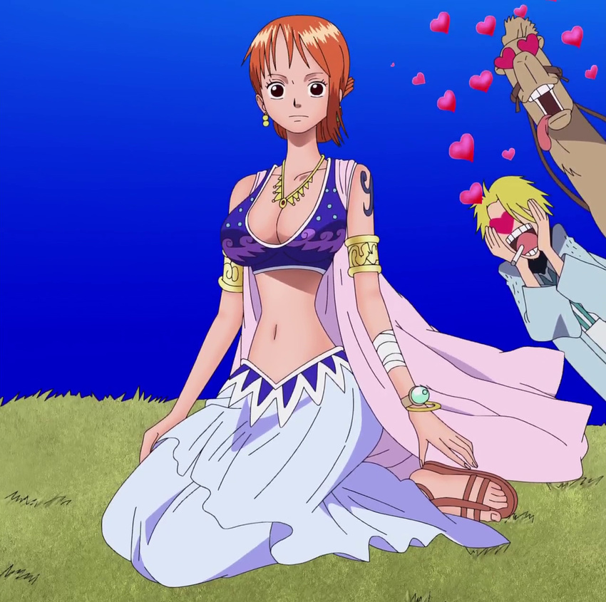 1boy 1girl alabasta animal bandage bare_shoulders blonde_hair bracelet breasts camel cigarette cleavage earrings eyelashes_(one_piece) hair_over_one_eye heart jewelry log_pose looking_at_viewer midriff nami_(one_piece) navel one_piece open_mouth orange_hair sandals sanji screencap short_hair simple_background stitched tattoo toes