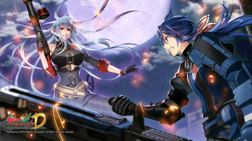 bare_shoulders battle blue_eyes blue_hair blurry breasts clenched_teeth copyright_name depth_of_field duel full_moon gloves gun highres imca large_breasts long_hair looking_at_another military military_uniform moon multiple_girls murakami_yuichi night night_sky ponytail red_eyes sega selvaria_bles senjou_no_valkyria silver_hair sky sparks teeth uniform var_(weapon) watermark weapon