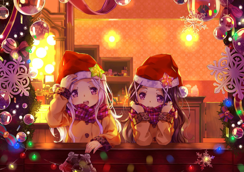 2girls 54hao :d arm_up bangs blush brown_jacket christmas christmas_lights christmas_ornaments commentary english_commentary eyebrows_visible_through_hair forehead hair_ornament hand_on_headwear hat highres indoors jacket long_hair long_sleeves multiple_girls open_mouth original parted_bangs plaid plaid_scarf purple_eyes purple_hair purple_scarf red_hat round_teeth santa_hat scarf siblings sisters smile snowflakes star teeth twins upper_body upper_teeth white_hair x_hair_ornament