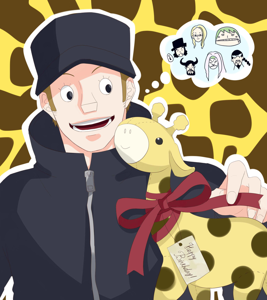 1boy baseball_cap cp9 giraffe hat kaku male_focus one_piece open_mouth simple_background smile solo stuffed_toy thought_bubble toy