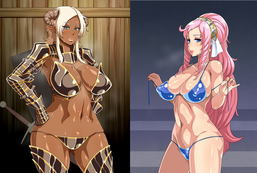 armor bikini bikini_armor blue_eyes breasts character_request dark_skin demon_horns dokidoki!_precure enoshima_iki horns huge_breasts long_hair marie_ange multiple_girls pink_hair precure swimsuit sword very_long_hair weapon