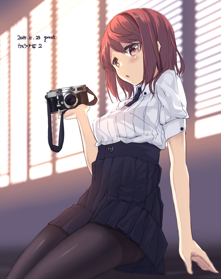 brown_eyes brown_hair camera garnet highres original pantyhose short_hair solo thighs