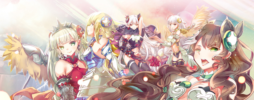 bare_shoulders black_hair blonde_hair dark_valkyrie_(p&amp;d) fire_valkyrie_(p&amp;d) green_eyes heco_(mama) highres light_valkyrie_(p&amp;d) long_hair multiple_girls puzzle_&amp;_dragons red_eyes silver_hair valkyrie_(p&amp;d) water_valkyrie_(p&amp;d) white_hair wings wood_valkyrie_(p&amp;d)