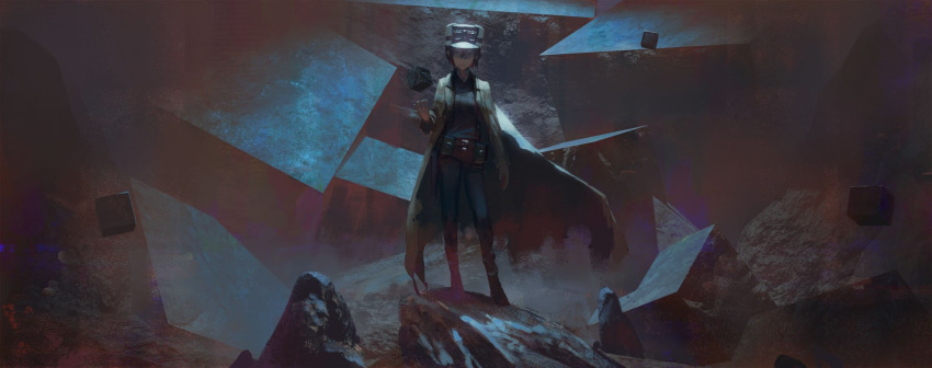1girl belt brown_coat brown_eyes brown_hair closed_mouth coat cube floating floating_object floating_rock full_body goggles hair_between_eyes hat highres kino kino_no_tabi pouch rock rounin_(amuza) solo standing torn_clothes