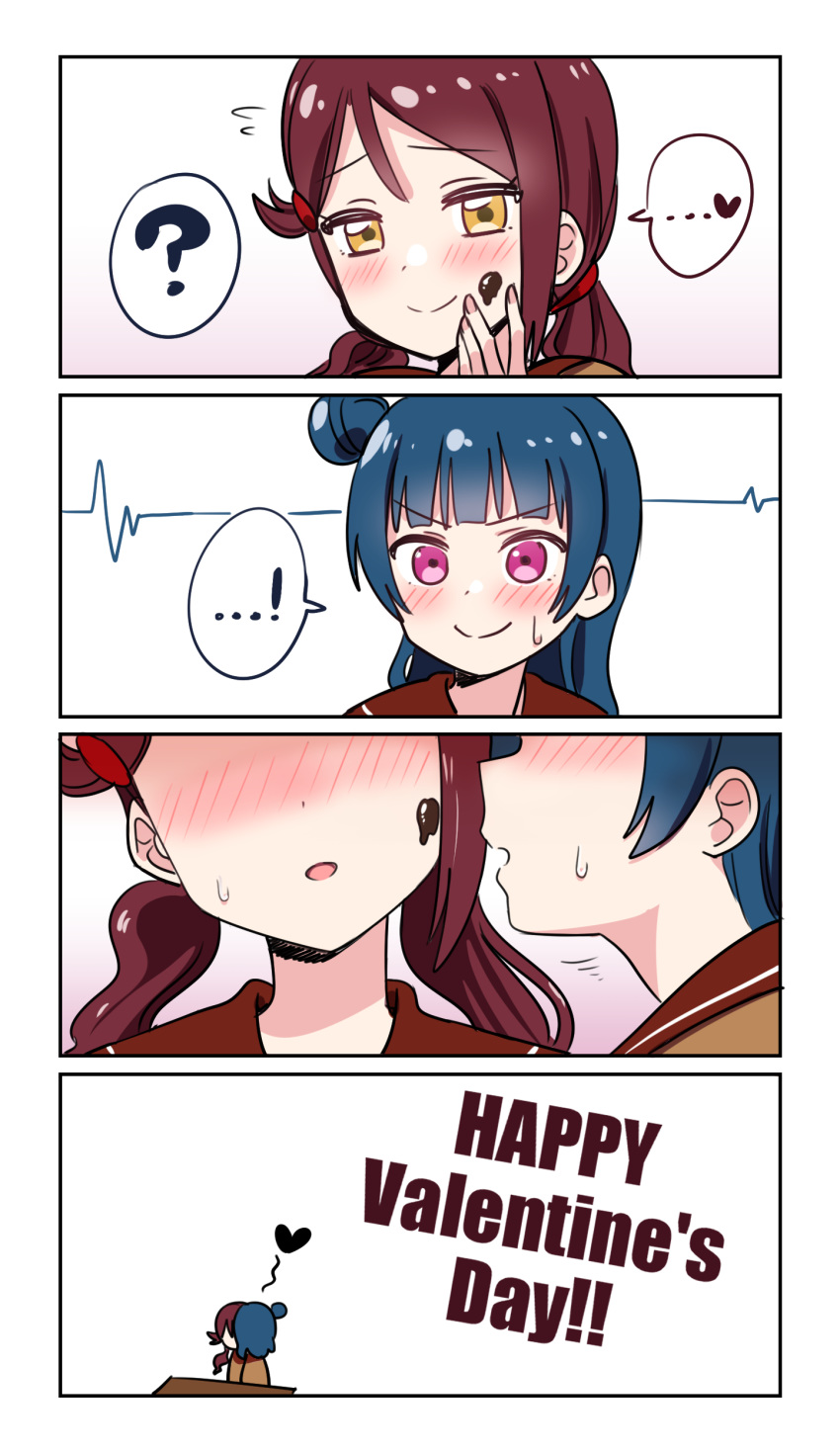 ! &gt;:) 2girls 4koma ? absurdres bangs blue_hair blush cardiogram chocolate comic deadnooodles english_text flying_sweatdrops food food_on_face hair_ornament hairclip hand_on_own_face happy_valentine head_out_of_frame heart highres imminent_kiss kiss long_hair love_live! love_live!_sunshine!! multiple_girls open_mouth purple_eyes red_hair sakurauchi_riko side_bun smile spoken_exclamation_mark spoken_heart spoken_question_mark sweatdrop tsushima_yoshiko twintails valentine yellow_eyes yuri