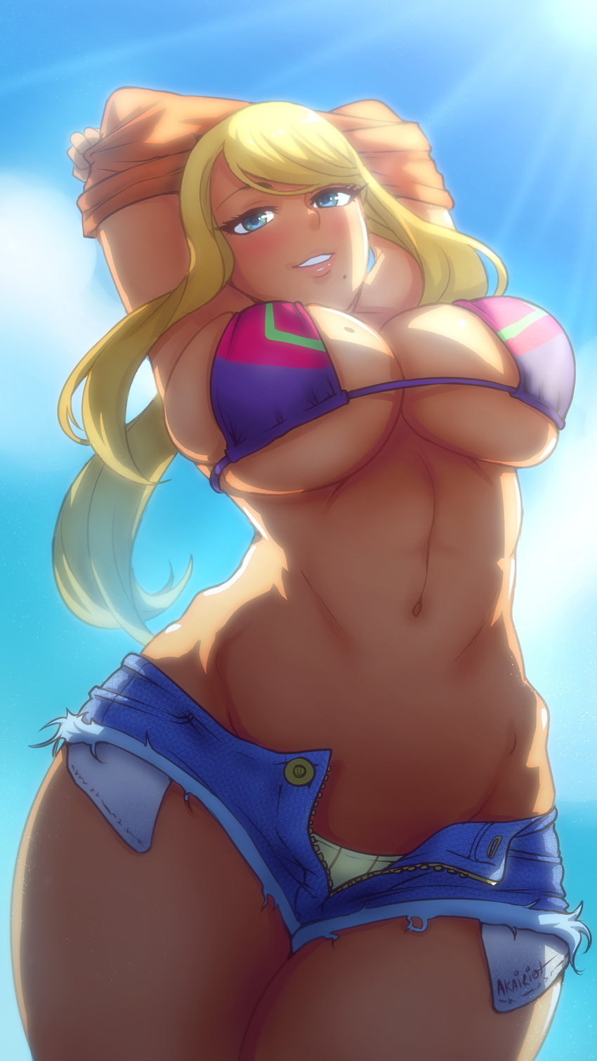 akairiot armpits arms_behind_head arms_up artist_name bikini_top blonde_hair blue_eyes blue_sky blush breasts cleavage cloud denim denim_shorts female gradient gradient_background grin highres jeans large_breasts legs_together long_hair looking_at_viewer looking_down lowleg metroid mole mole_on_breast mole_under_mouth navel nintendo panties pants ponytail samus_aran shirt_lift shirt_removed short_shorts shorts signature sky smile solo sunlight toned unbuttoned underwear undressing unzipped