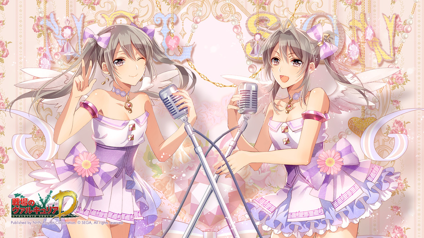 bare_shoulders beamed_eighth_notes bow choker copyright_name corset cowboy_shot dress edy_nelson eighth_note flower frills grey_eyes grey_hair hair_ribbon highres jewelry licorice_nelson long_hair microphone_stand multiple_girls murakami_yuichi musical_note musical_note_print necklace one_eye_closed open_mouth ponytail quarter_note ribbon sega senjou_no_valkyria siblings sisters smile staff_(music) treble_clef twintails v watermark
