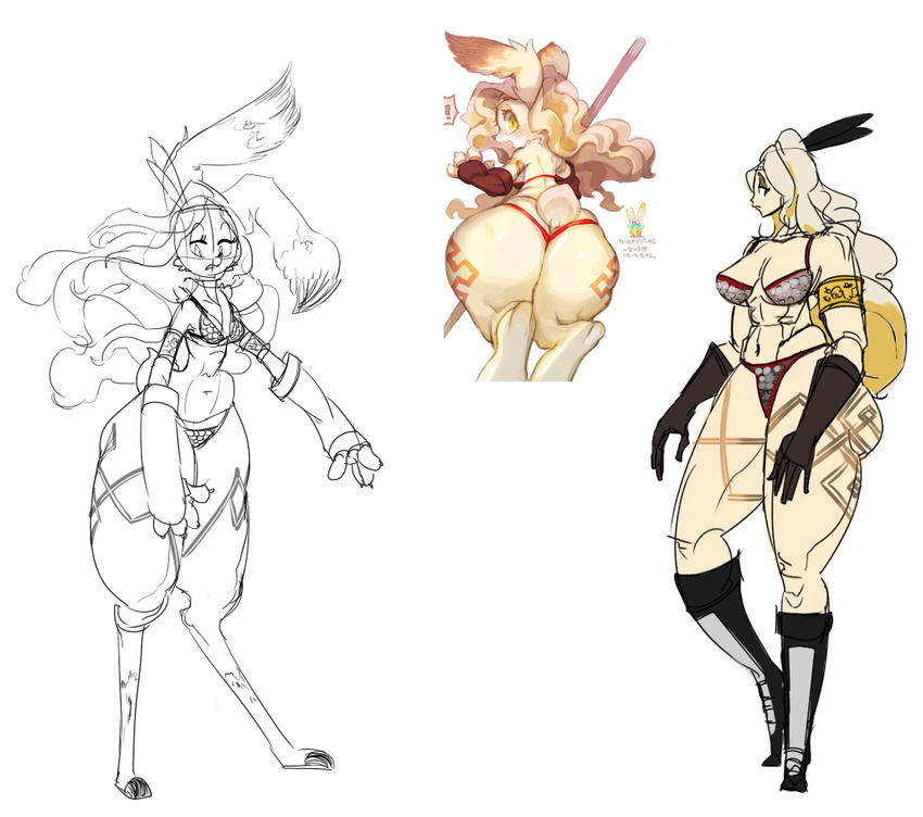 ! amazon_(dragon's_crown) anthro armor big_butt bikini boots breasts butt cleavage clothed clothing dragon's_crown female fingerless_gloves footwear gloves hair lagomorph mammal muscles odin_sphere pooka rabbit ricosye ross_irving sketch swimsuit thick_thighs unconvincing_armor white_hair