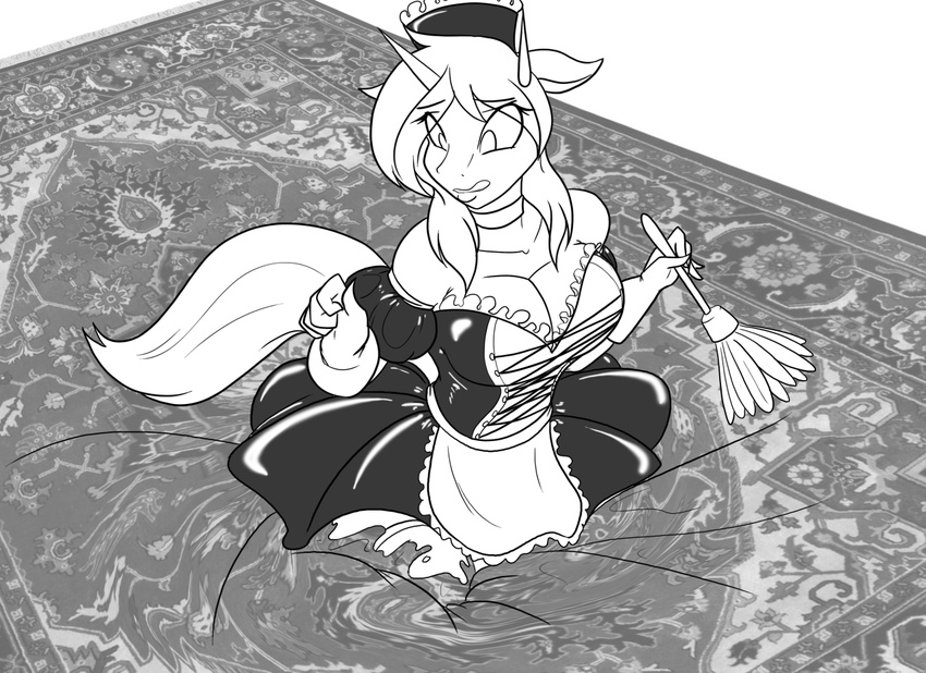 2015 anthro breasts cleavage clothed clothing elbow_gloves equine fan_character feather_duster female french_maid french_maid_uniform gloves hat horn maid maid_uniform mammal monochrome my_little_pony rug sinking skyfall solo toughset unicorn