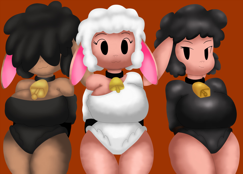 anthro barbara_blacksheep bell big_breasts black_fur breasts caprine cleavage clothed clothing collar cowbell duzell female fur leggy_lamb mammal peggy_lamb pose sheep simple_background smile white_fur