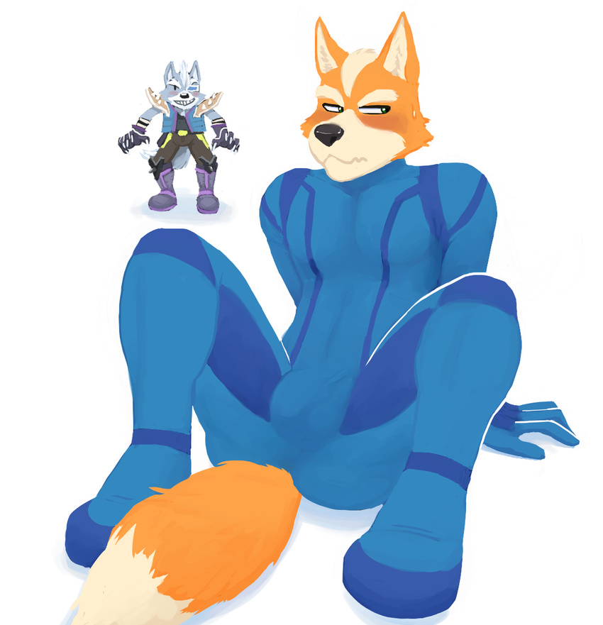blush canine duo embarrassed fox fox_mccloud hicanyoumooforme male mammal nintendo package sitting smile standing star_fox video_games wolf wolf_o'donnell zero_suit_fox