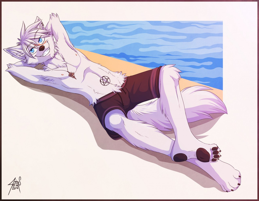 abs anthro arctic_wolf biceps canine chest_tuft clothing fur gothwolf hair male mammal muscles necktie nipples paws pecs scar swimsuit tattoo toes tuft white_fur wolf