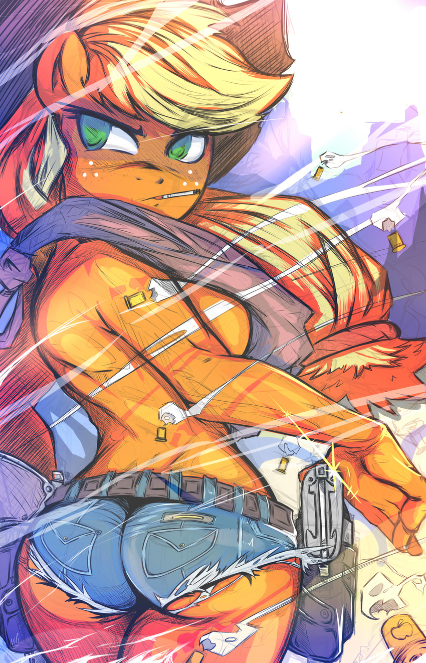 2015 anthro applejack_(mlp) breasts bullet_casings butt cigarette clothed clothing codybackbone dual_handguns earth_pony equine female freckles friendship_is_magic gun half-dressed handgun horse mammal my_little_pony pistol pony ranged_weapon side_boob smoke solo topless weapon