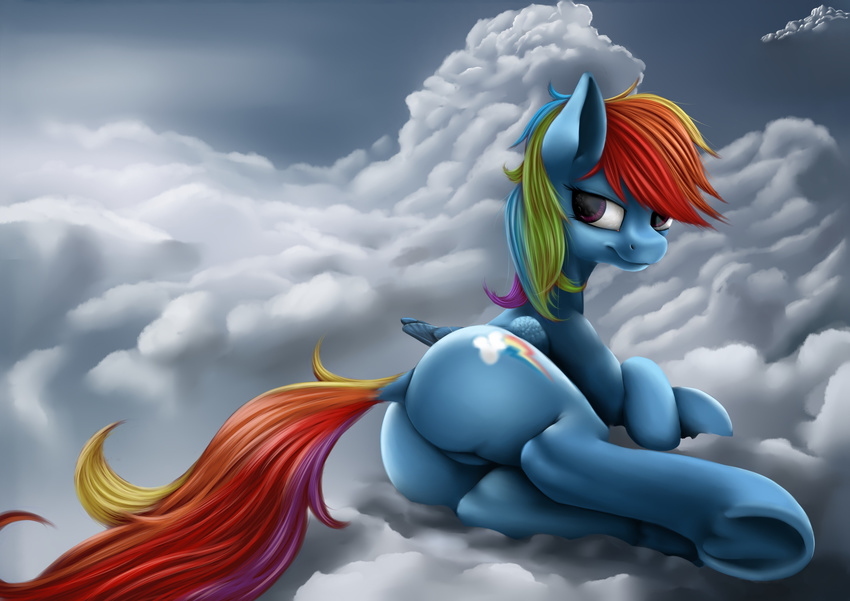 2015 cloud cloudscape cutie_mark equine featureless_crotch female feral friendship_is_magic hair hooves lying mammal multicolored_hair my_little_pony on_side outside pegasus rainbow_dash_(mlp) rainbow_hair sky smile solo tres-apples underhoof wings