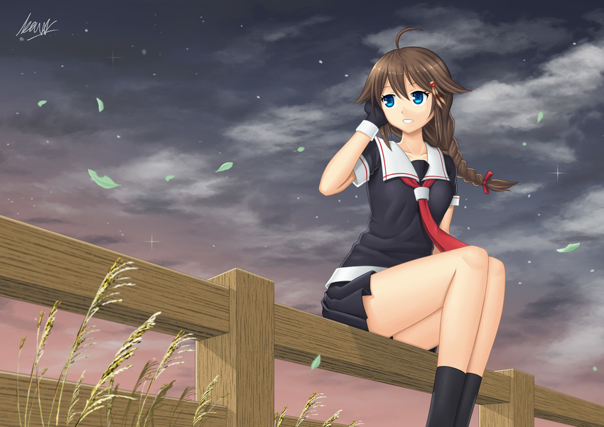 absurdres ahoge bangs black_blouse black_gloves black_legwear black_serafuku black_skirt blouse blue_eyes braid brown_hair fence gloves hair_flaps hair_ornament hair_tucking highres kantai_collection leaf legs_together looking_afar looking_to_the_side miniskirt neckerchief on_fence parted_lips pleated_skirt red_neckwear remodel_(kantai_collection) school_uniform serafuku shigure_(kantai_collection) short_sleeves signature single_braid sitting sitting_on_fence skirt sky smile socks solo star_(sky) tri-edge twilight wheat wind wooden_fence