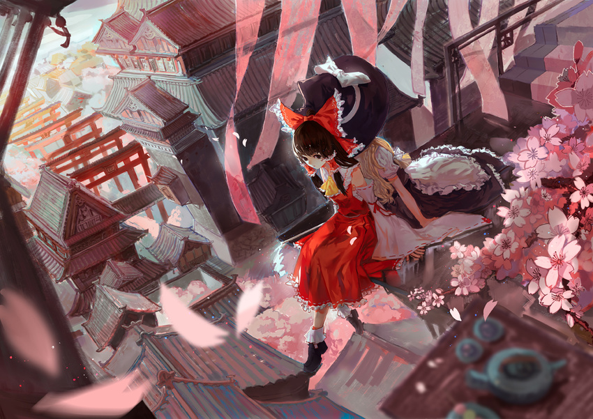 architecture back-to-back black_footwear black_hair blonde_hair blurry bow building cherry_blossoms depth_of_field detached_sleeves east_asian_architecture frilled_skirt frills hair_bow hakurei_reimu hat japanese_clothes kirisame_marisa miko multiple_girls skirt socks spring_(season) torii touhou white_legwear wide_sleeves witch_hat xiayu93