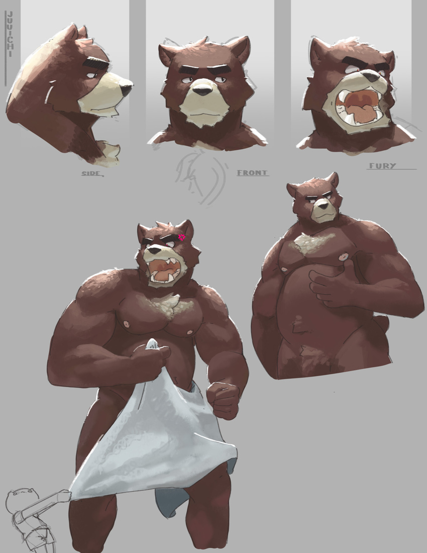 angry anthro bear biceps big_muscles black_eyes black_nose brown_fur chubby fur grizzly_bear juuichi_mikazuki loverslessthanthree male mammal morenatsu muscles nipples open_mouth pose solo teeth towel