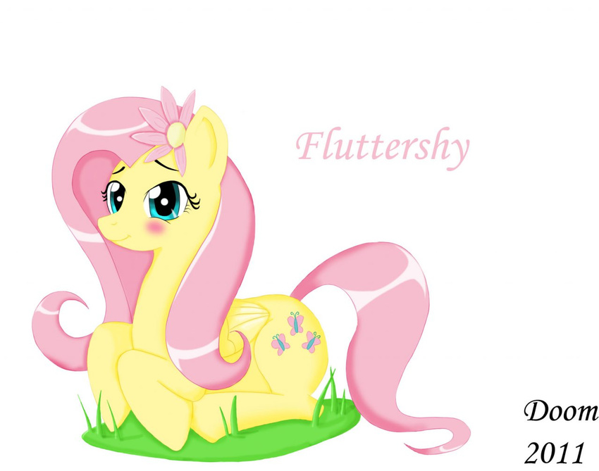 2011 blue_eyes blush cutie_mark doomthewolf english_text equine feathers female feral flower flower_on_head fluttershy_(mlp) friendship_is_magic fur grass hair long_hair looking_at_viewer mammal my_little_pony nude pegasus pink_fur pink_hair plant simple_background sitting smile solo text white_background wings yellow_feathers yellow_fur